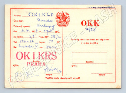 Pohlednice QSL lístek radiokontakt OK1KCP OK1KRS 1958 (BM25867)