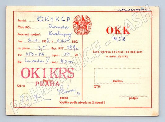 Pohlednice QSL lístek radiokontakt OK1KCP OK1KRS 1958 (BM25867)