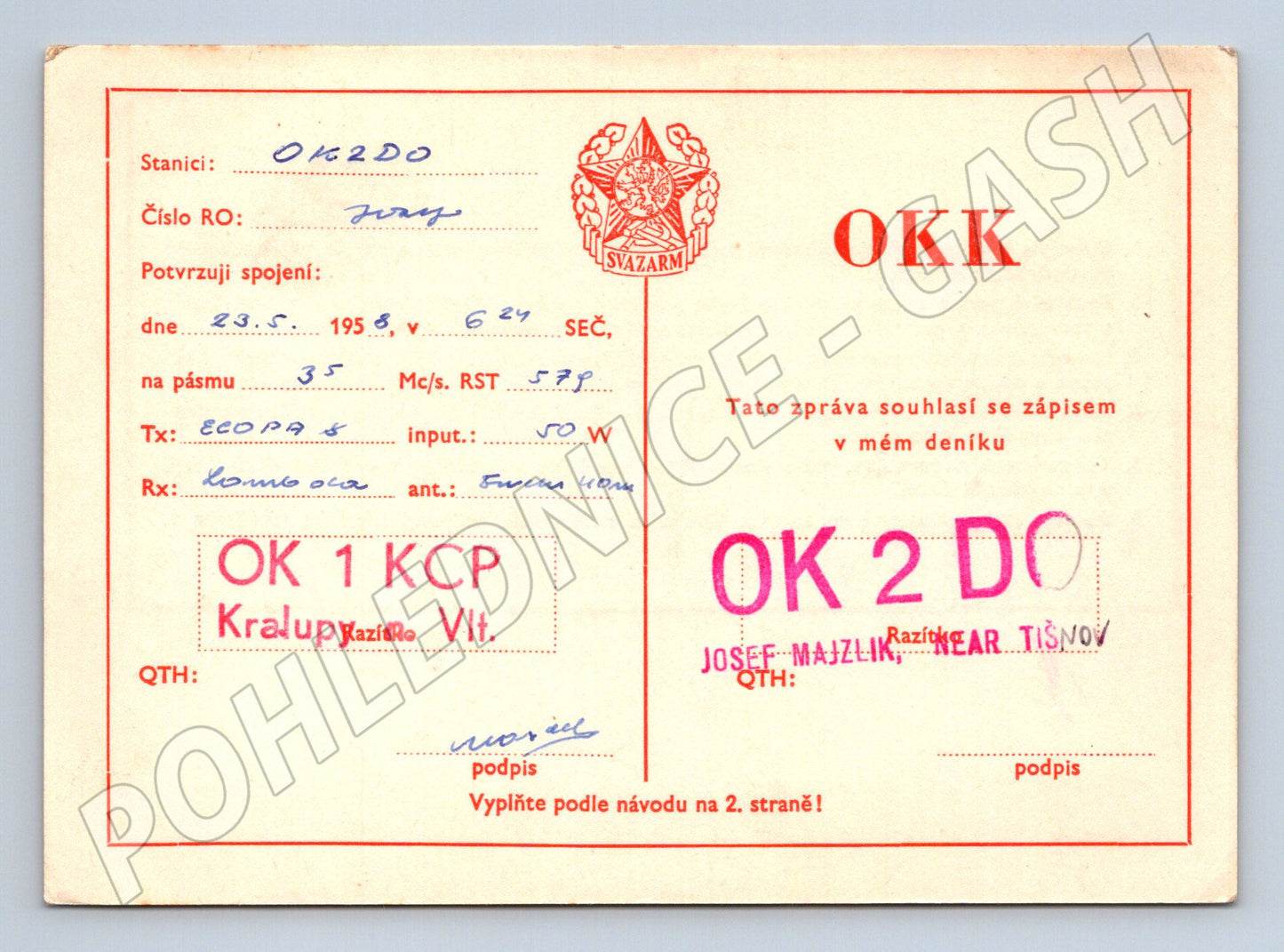 Pohlednice QSL karta radioamatéři Svazarm 1958 (BM25868)