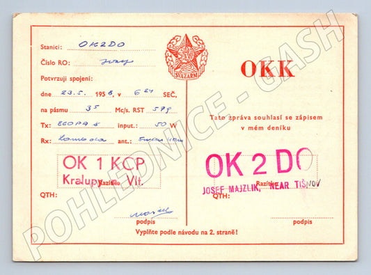 Pohlednice QSL karta radioamatéři Svazarm 1958 (BM25868)