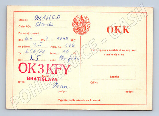 Pohlednice QSL lístek OK1HCD OK3KFY Bratislava 1957 (BM25871)