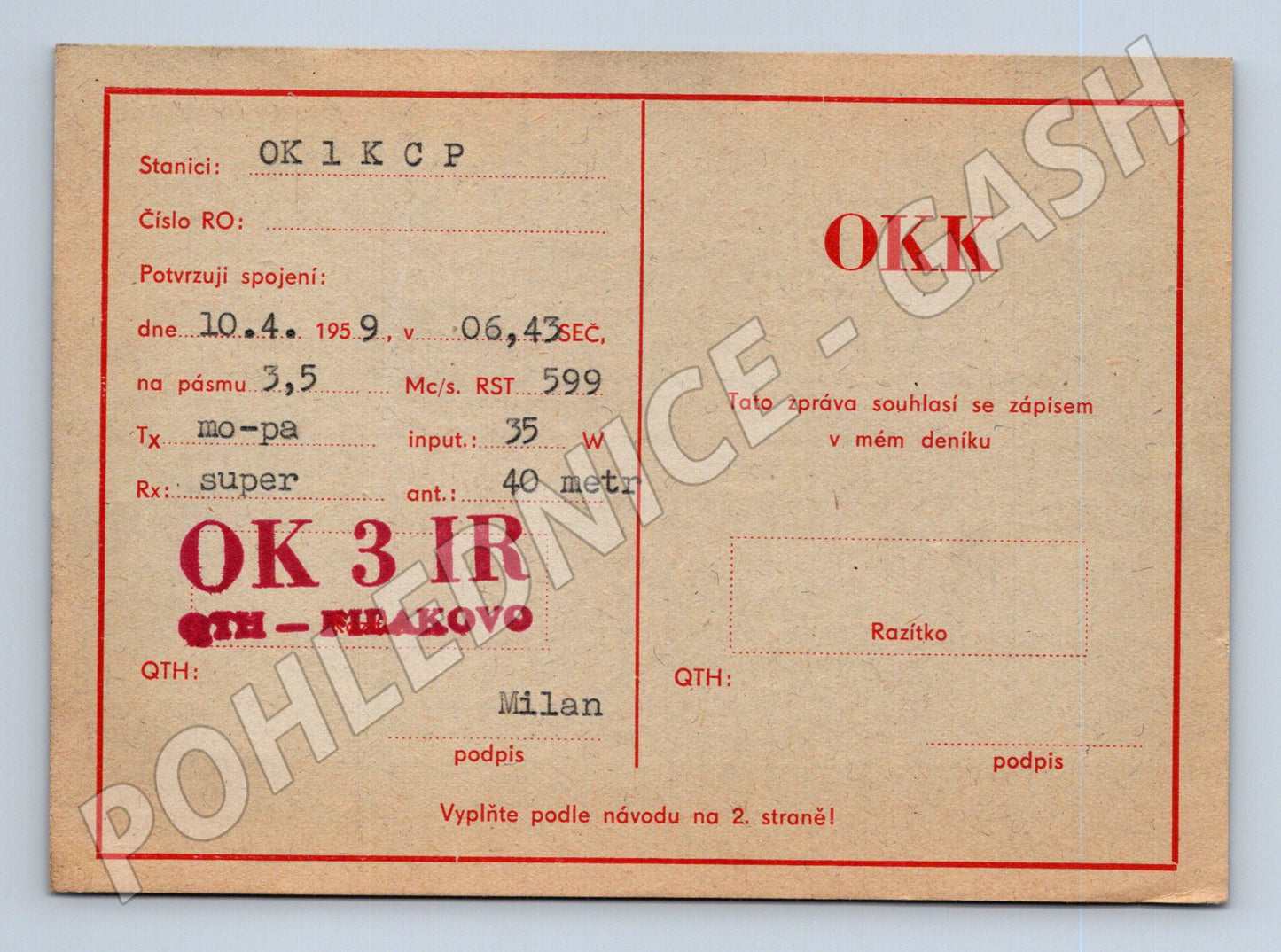 QSL karta radioamatér OK 1 KCP OK 3 IR Mbakovo 1959 (BM25886)