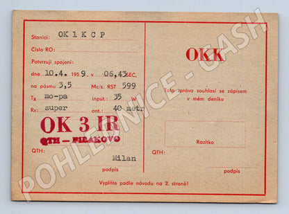 QSL karta radioamatér OK 1 KCP OK 3 IR Mbakovo 1959 (BM25886)