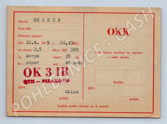 QSL karta radioamatér OK 1 KCP OK 3 IR Mbakovo 1959 (BM25886)
