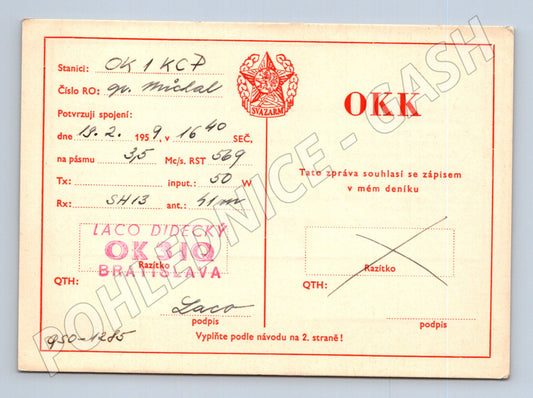 Pohlednice QSL karta radioamatéři Bratislava 1959 (BM25888)