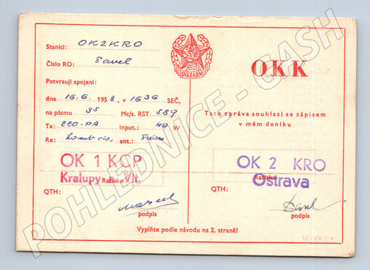 Pohlednice QSL radiokluby Kralupy Ostrava 1958 (BM25897)