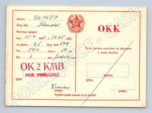 Pohlednice Mor. Budějovice radioamatérský QSL lístek 1958 (BM25898)