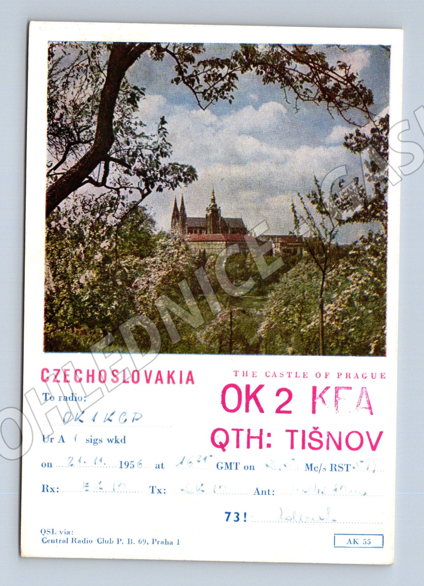 Pohlednice QSL lístek Praha Hrad Tišnov 1957 (BM25899)