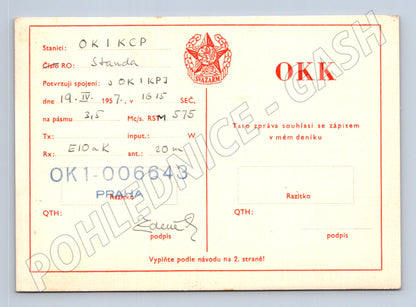 Pohlednice Praha Svazarm QSL lístek 1957 (BM25905)