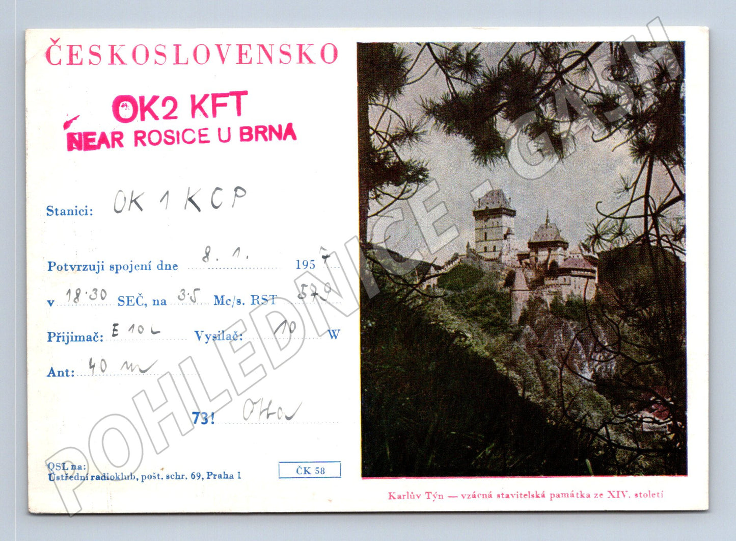 Pohlednice Karlštejn hrad QSL karta 1957 (BM25909)