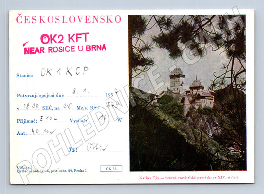 Pohlednice Karlštejn hrad QSL karta 1957 (BM25909)