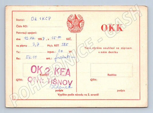 Pohlednice Tišnov radioamatérský QSL lístek 1957 (BM25911)