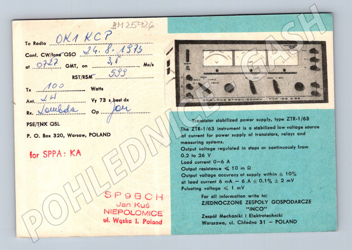 Pohlednice Polsko QSL karta INCO 1973 (BM25926)