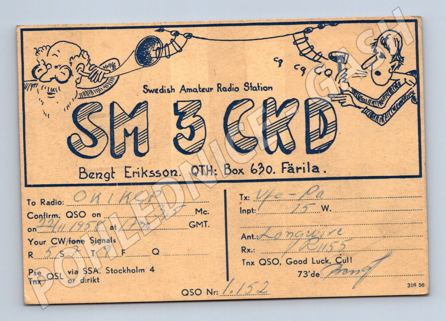Pohlednice Švédsko amatérské rádio SM3CKD 1958 (BM25944)