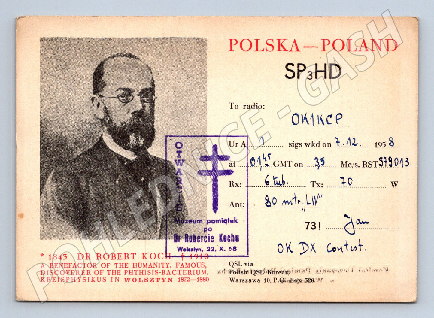 Pohlednice Polsko Dr. Robert Koch QSL karta 1948 (BM25948)