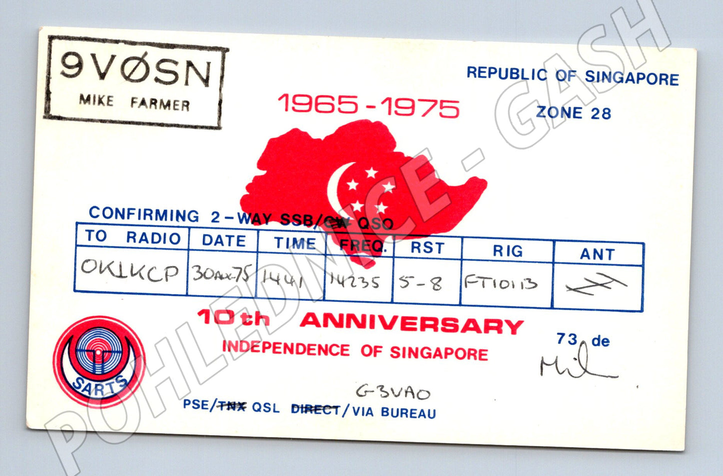 Pohlednice Singapur QSL karta 10. výročí 1975 (BM25981)