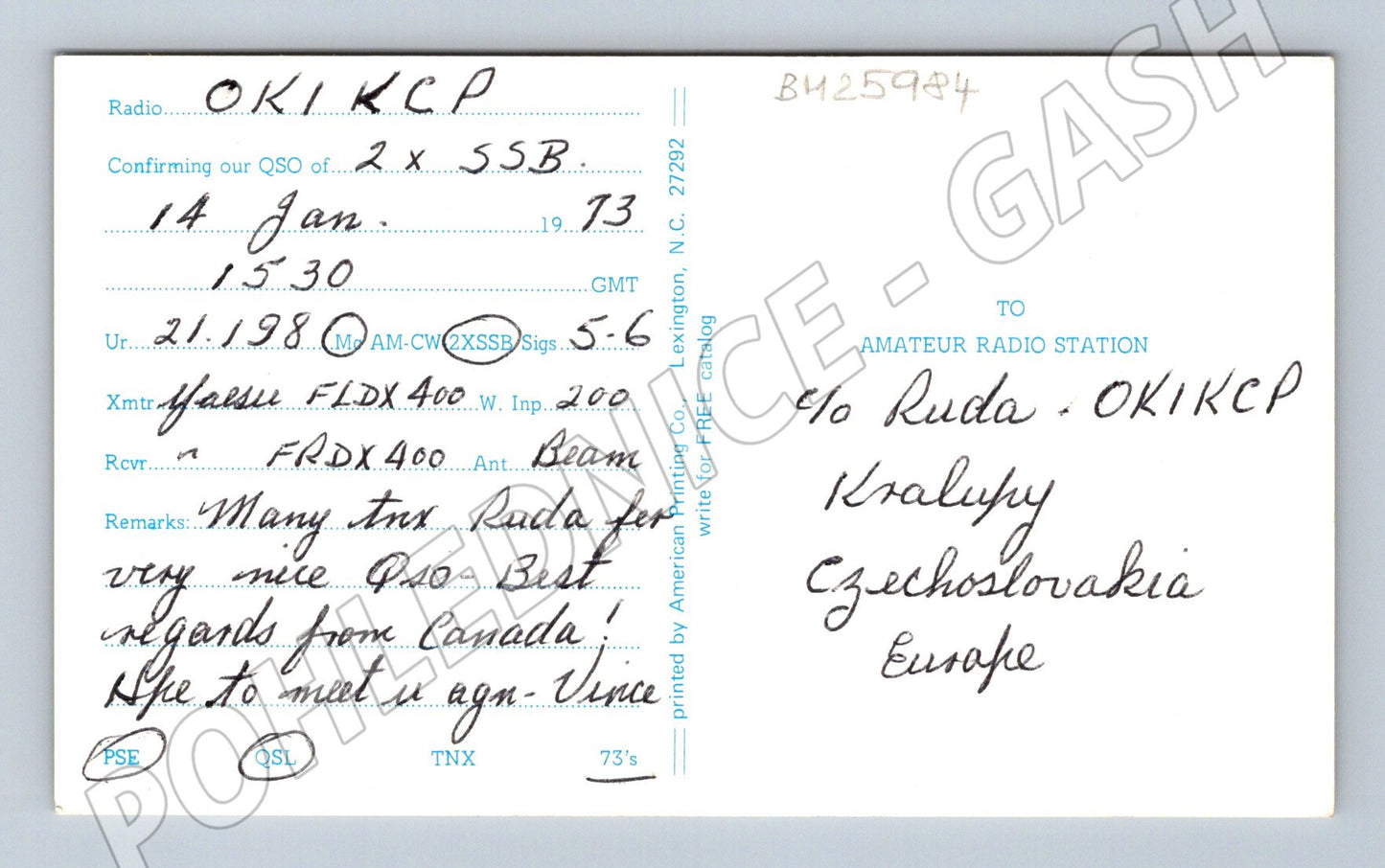 Pohlednice Kanada QSL karta VE2BRA Quebec 1973 (BM25984)
