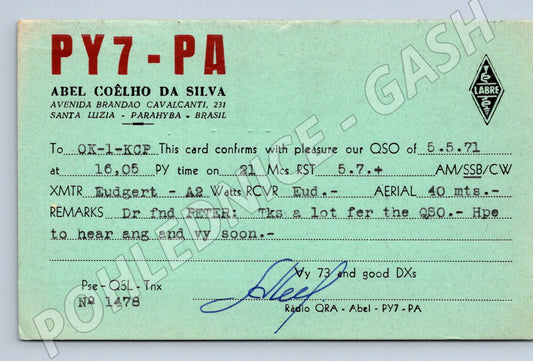 Pohlednice QSL karta Brazílie Kralupy n. Vltavou 1971 (BM26014)