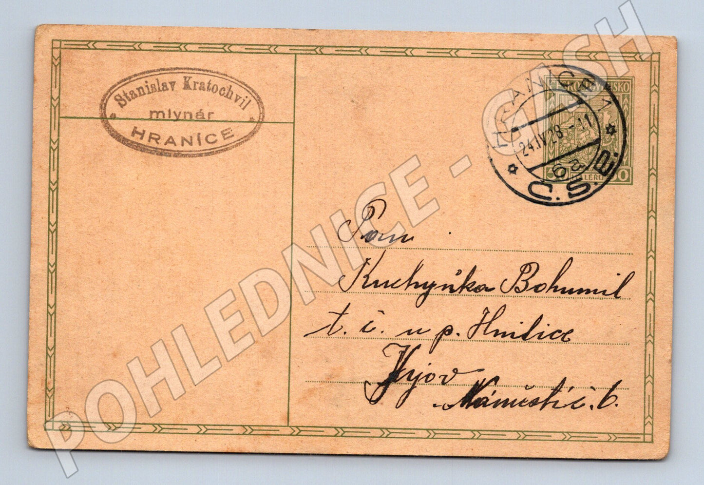 Pohlednice Hranice mlynář Stanislav Kratochvil 1928 (BM26070)