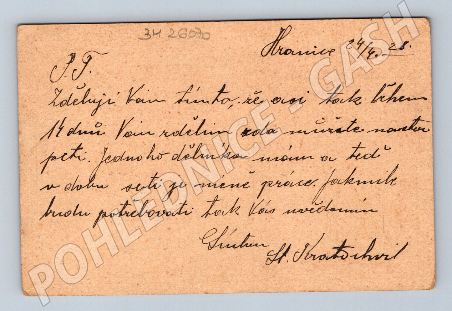 Pohlednice Hranice mlynář Stanislav Kratochvil 1928 (BM26070)