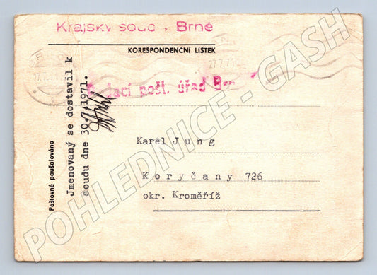 Pohlednice Brno Koryčany soudní rehabilitace 1971 (BM26075)