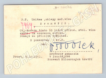 Pohlednice Kroměříž Prostějov objednávka vína 1951 (BM26076)