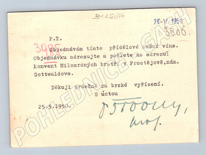 Pohlednice Kroměříž Prostějov objednávka vína 1950 (BM26077)