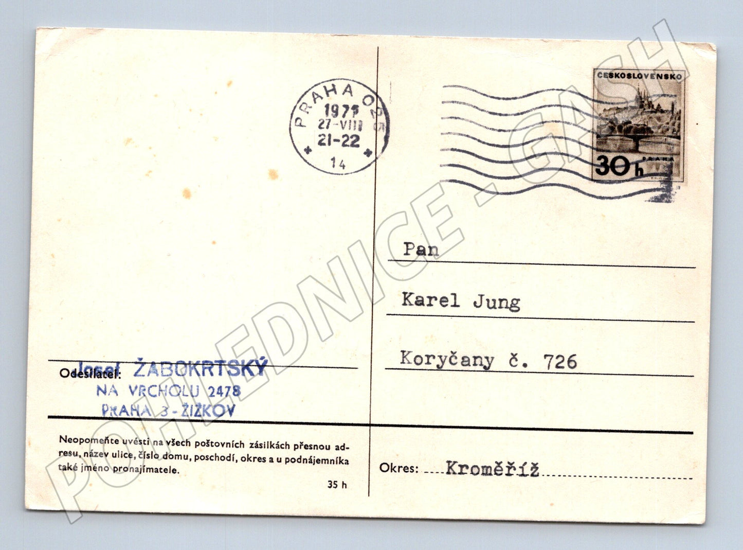 Pohlednice Praha korespondenční lístek 1971 (BM26079)