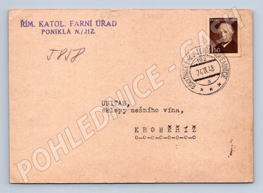 Pohlednice Poniklá dopis sklady vína 1948 (BM26081)