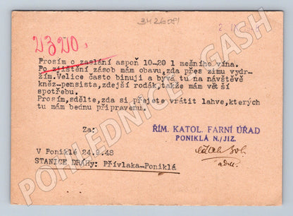Pohlednice Poniklá dopis sklady vína 1948 (BM26081)