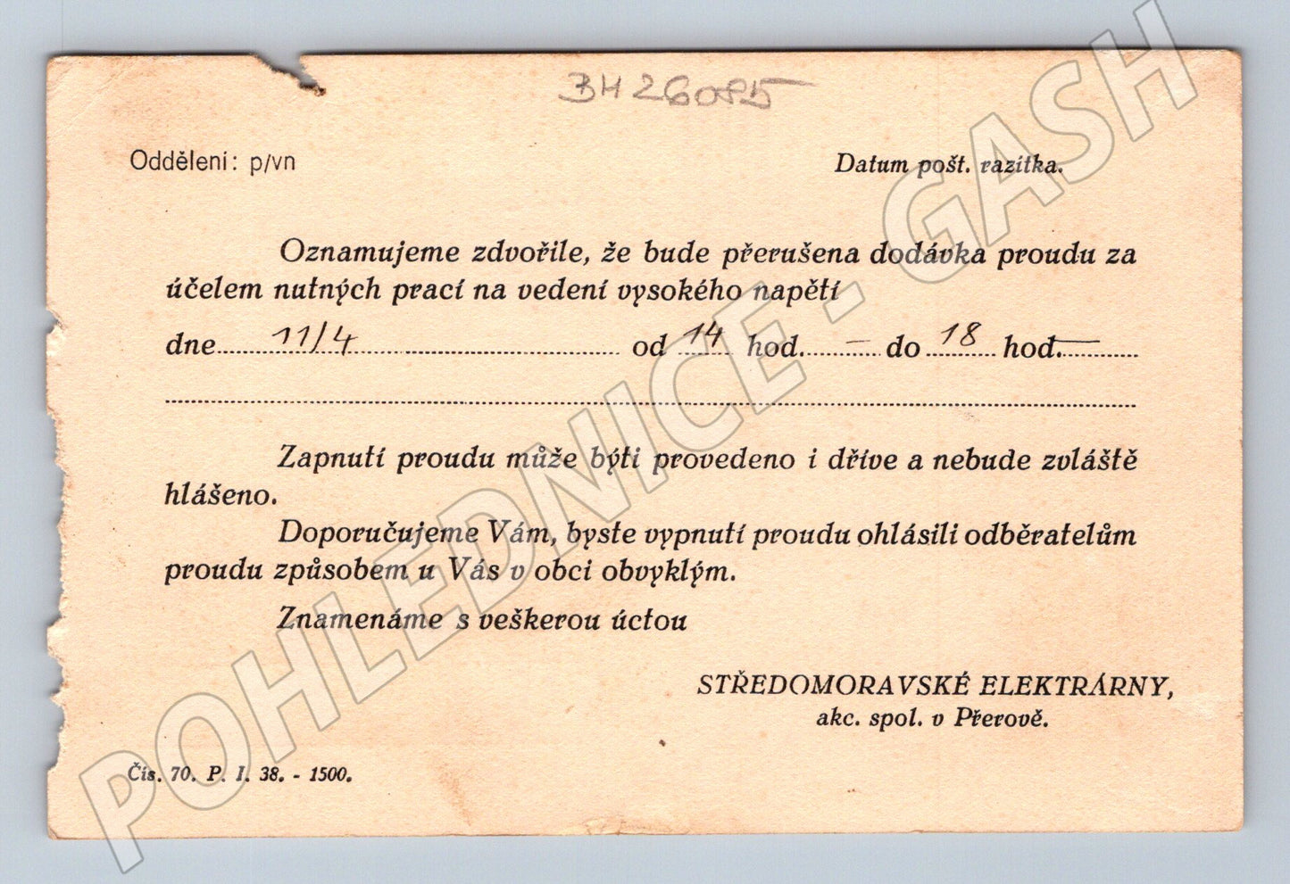 Pohlednice Přerov Obecní úřad Středomoravské elektrárny 1938 (BM26085)