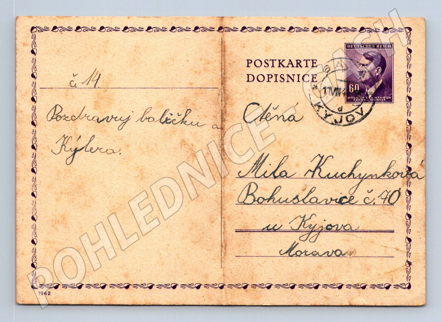 Pohlednice Kyjov německá známka s Hitlerem 1942 (BM26087)