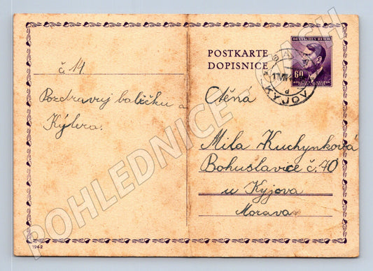 Pohlednice Kyjov německá známka s Hitlerem 1942 (BM26087)