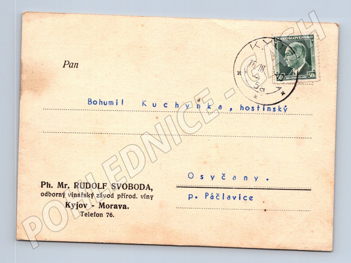 Pohlednice Kyjov obchodní korespondence 1938 (BM26093)