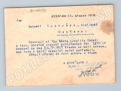 Pohlednice Kyjov obchodní korespondence 1938 (BM26093)
