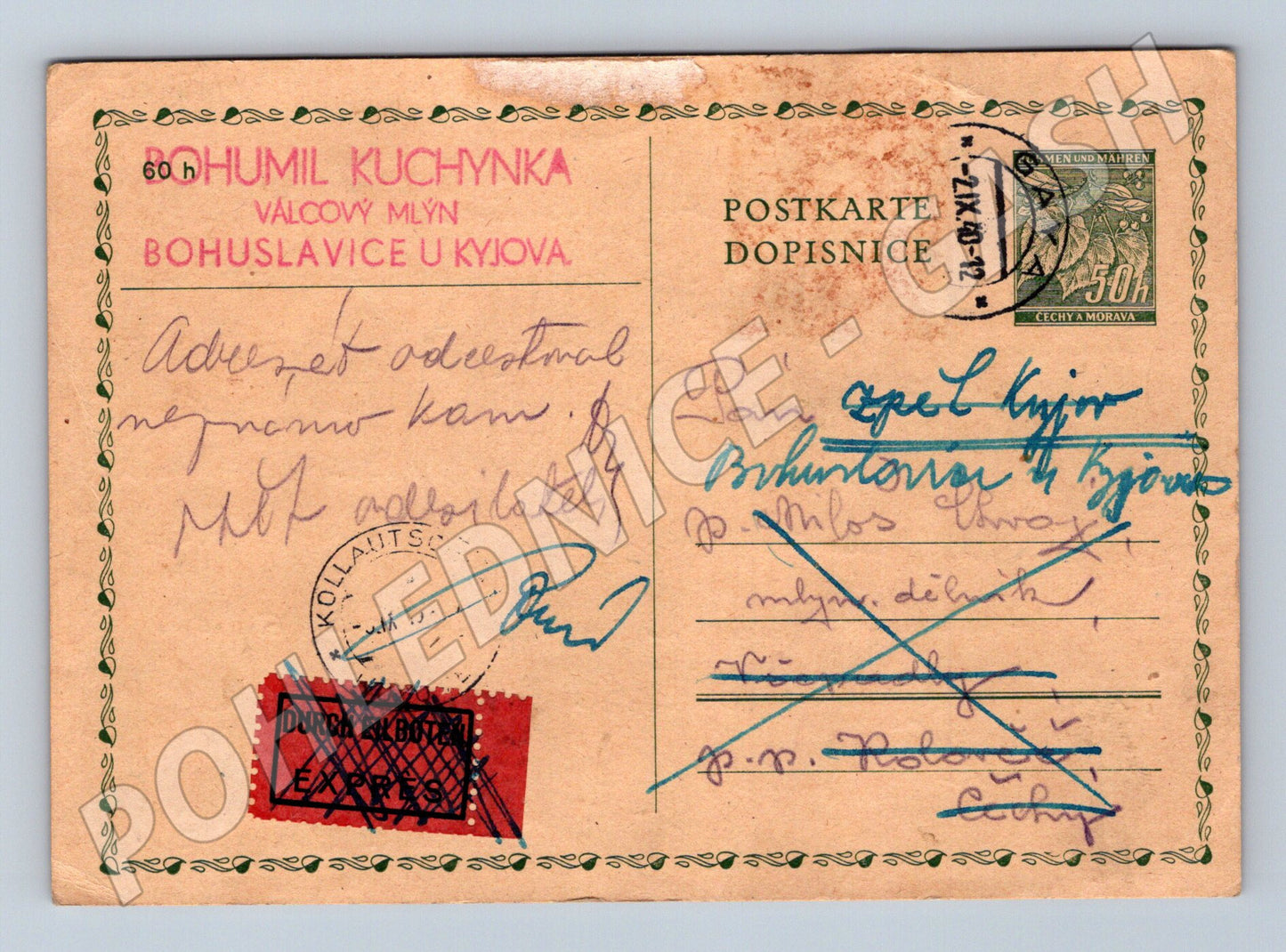 Pohlednice Bohuslavice u Kyjova korespondenční 1940 (BM26102)