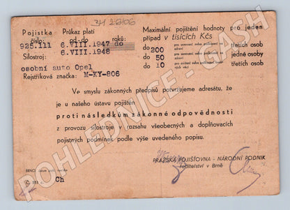 Pohlednice Pojišťovna reklama automobil Opel 1947 (BM26106)