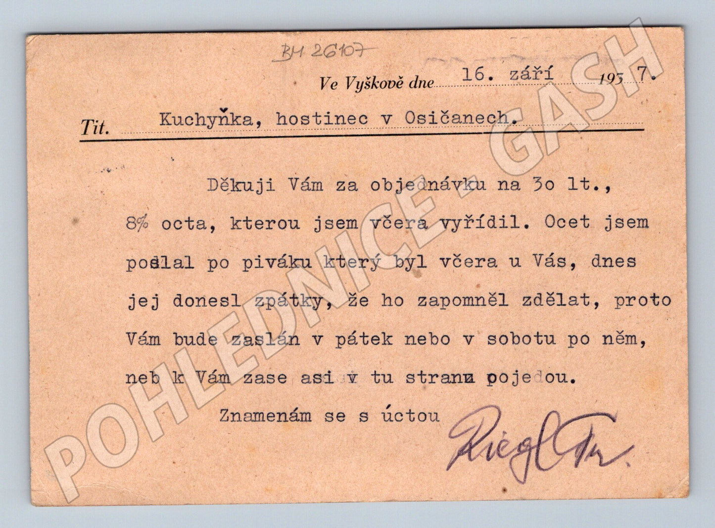 Pohlednice Vyškov František Riegl octárna 1937 (BM26107)