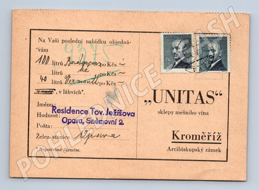 Pohlednice Kroměříž Unitas objednávka vína 1947 (BM26110)