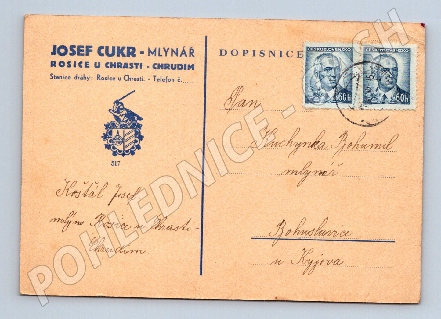 Pohlednice Rosice u Chrastě - Chrudim mlýn 1945 (BM26116)