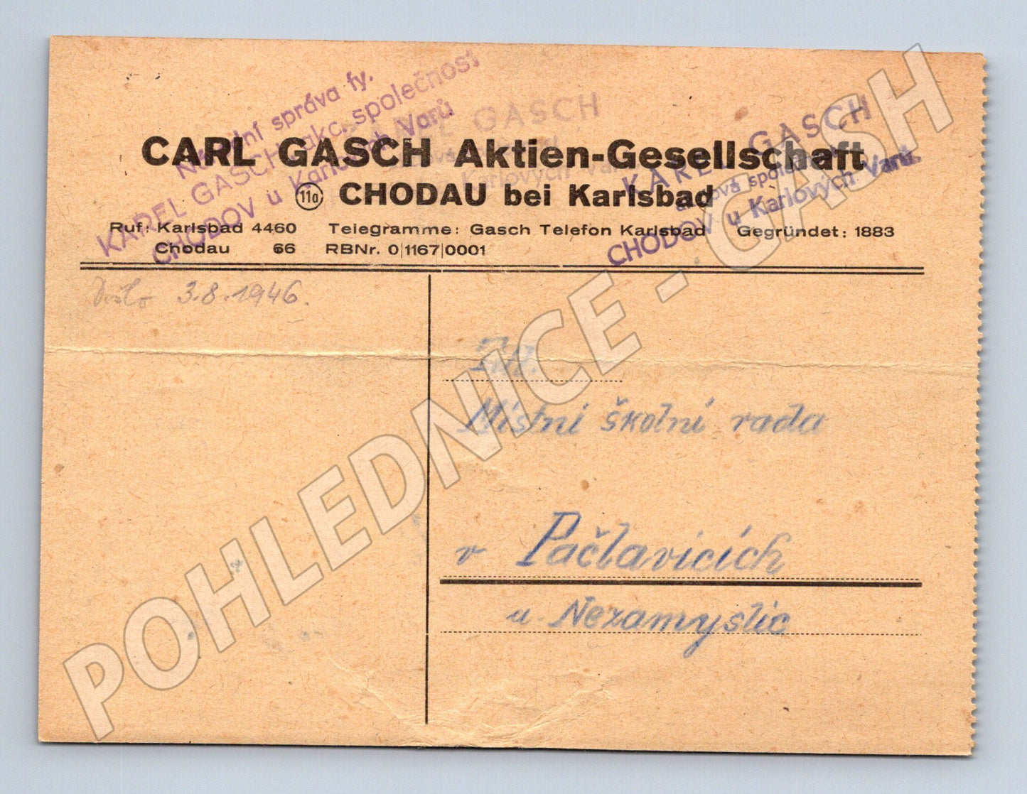 Pohlednice Chodov u K. Varů dodací list Carl Gasch 1946 (BM26119)