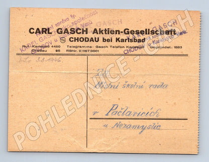 Pohlednice Chodov u K. Varů dodací list Carl Gasch 1946 (BM26119)