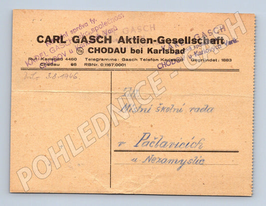 Pohlednice Chodov u K. Varů dodací list Carl Gasch 1946 (BM26119)