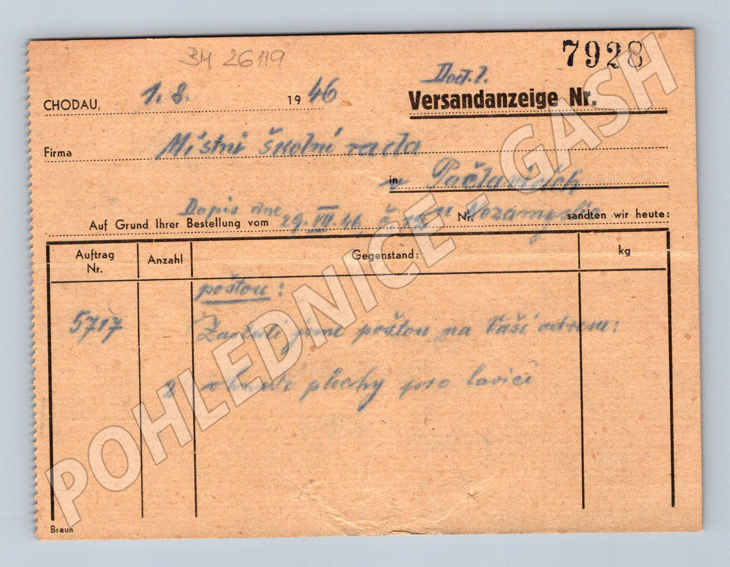 Pohlednice Chodov u K. Varů dodací list Carl Gasch 1946 (BM26119)