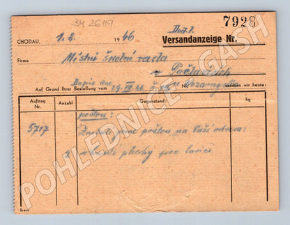 Pohlednice Chodov u K. Varů dodací list Carl Gasch 1946 (BM26119)