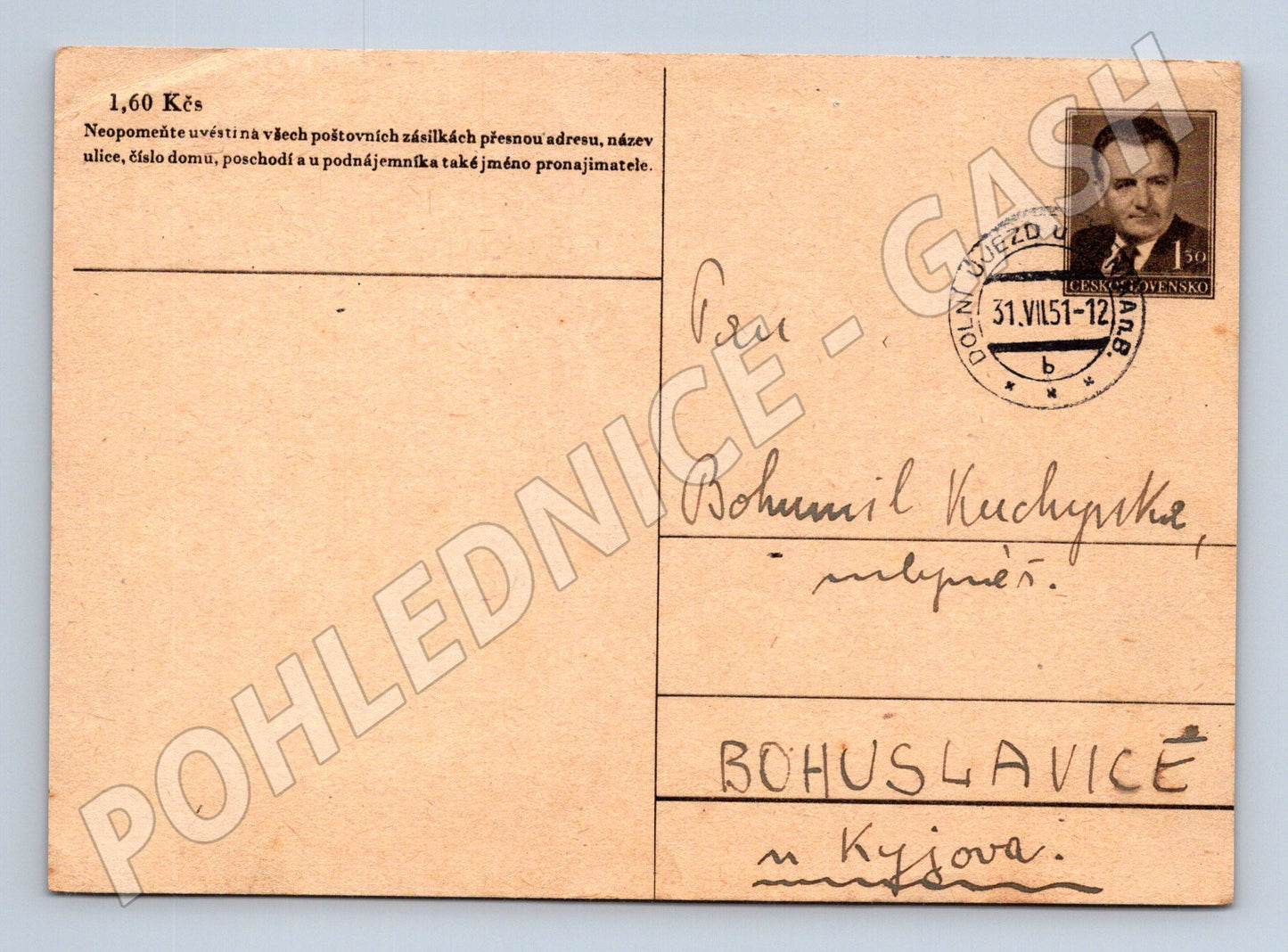 Pohlednice Československo Gottwald razítko Dolní Újezd 1951 (BM26121)