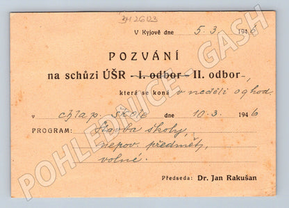 Pohlednice Kyjov pozvánka schůze ÚŠR 1946 (BM26123)