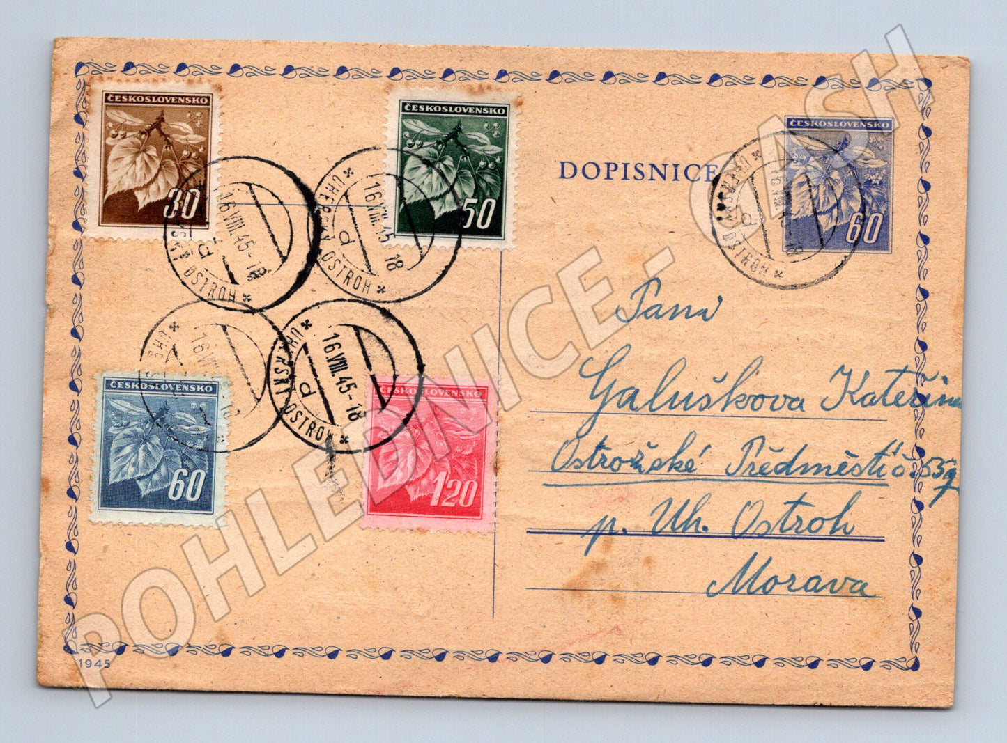 Pohlednice Ostroh poštovní provoz 1945 (BM26131)