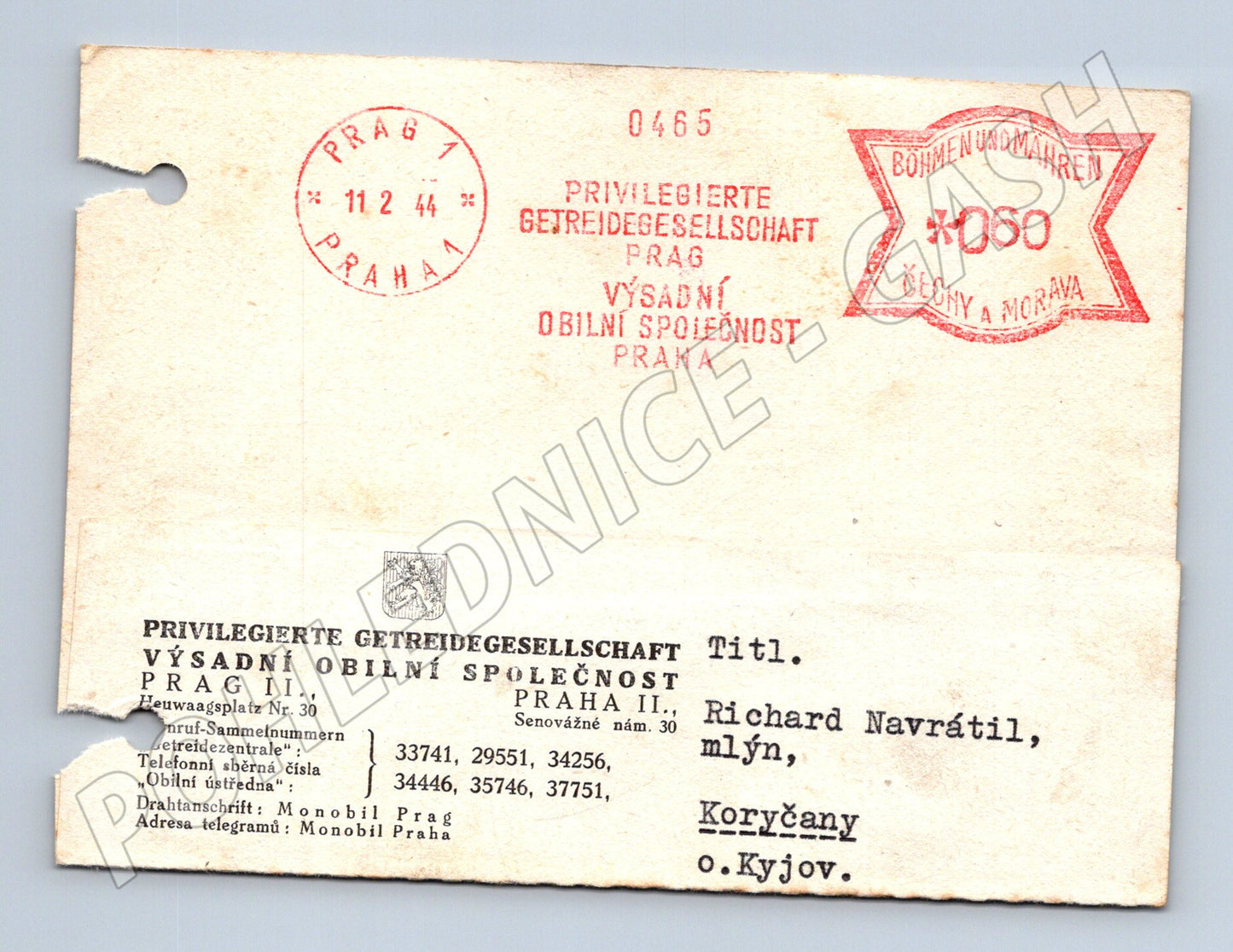 Pohlednice Praha Privilegierte Getreidegesellschaft 1944 (BM26132)