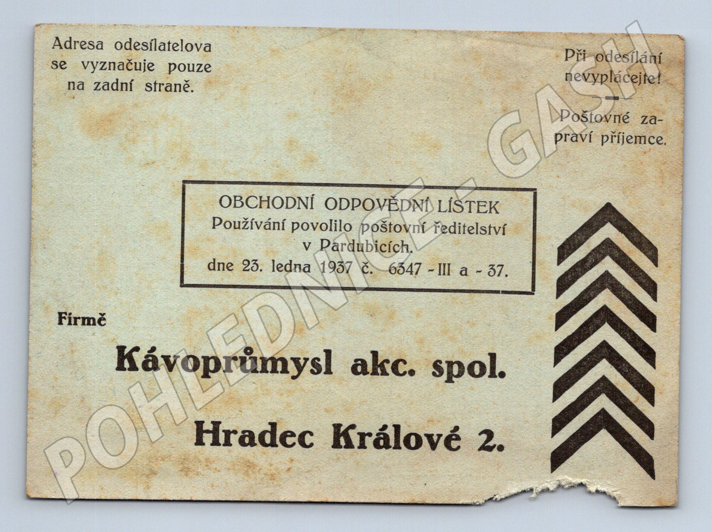 Pohlednice Hradec Králové Kávoprůmysl odpovědní lístek 1937 (BM26134)